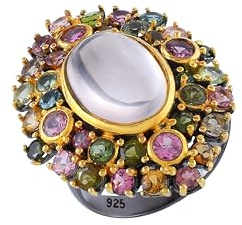 Schwarzer rhodinierter Statement-Ring mit Rosenquarz und Multi-Turmalin-Cabochon und facettierten ovalen und runden Edelsteinen, Krappenfassung und Lünette, rosa, mehrfarbiger Schmuck für Damen, 53