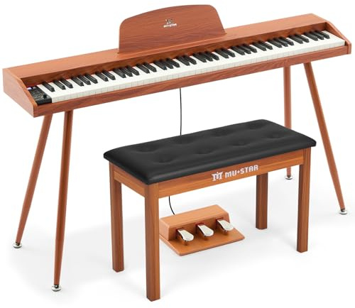 MUSTAR 88 Key Piano Keyboard with Bench, Home Digital Piano for Beginners | 88 Semi Weighted Keys, 800 Tones, 600 Rhythms, 80 Demo, 3-Pedal Unit, Furniture Stand, USB MIDI, Wireless Connection, Brown