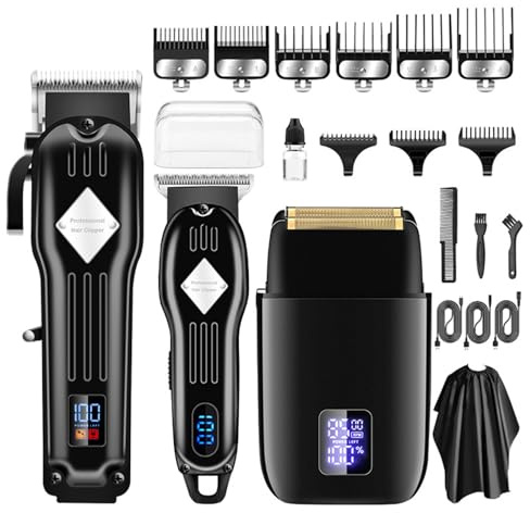 Aoresac 3-in-1-Haarpflegeset, Kabelloser Haarschneider, Trimmer, Bartrasierer-Set für Friseure mit LCD-Display, 9 Führungskämme, Foliennetz-Rasierrasierer Im Lieferumfang Enthalten (Schwarz)