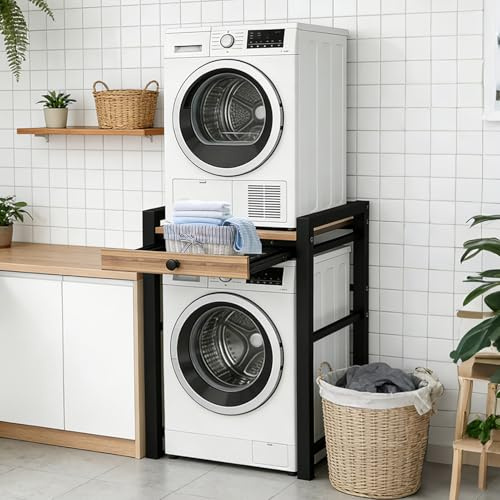Ogimeka Scaffale per Lavatrice e Asciugatrice, Mobile Lavatrice Asciugatrice con Vassoio Estraibile, per Bagno, Balcone, Capacità di Carico 350 kg, 75 x 65 x 104 cm (Nero B)