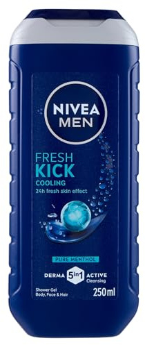 NIVEA MEN Doccia Shampoo Fresh Kick 250 ml, Docciaschiuma uomo 3 in 1 per viso, corpo e capelli, Bagnoschiuma uomo con Mentolo Puro, Profumo di menta, pH neutro, Tutti i tipi di pelle