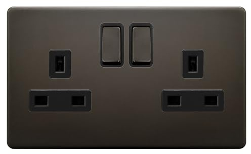 EVOGES Terra 2 Gang 13A Double Pole Switched Socket – Decorative Wall Power Outlet, Twin Plug Socket, Fits Standard UK Back Boxes, UK Wiring Accessories (Slate Bronze)