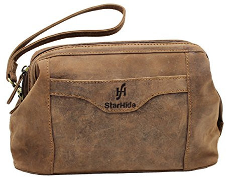 STARHIDE Unisex Handgemachte Reißverschluss Oben mit Rahmen Echtes Jagdleder Schlag Braun Waschen Toilettenartikel Bart Kosmetik Tasche-550