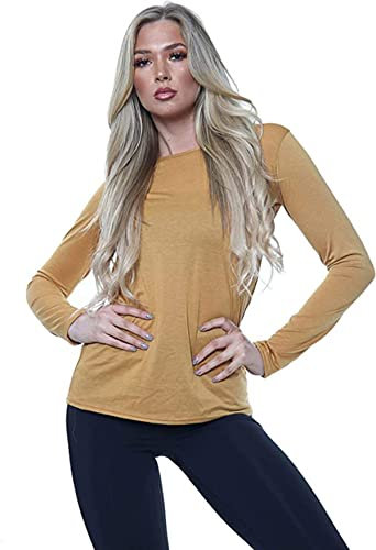 Ladies Womens Plain Long Sleeve Round Neck Top Basic T Shirt Layering Plus Sizes UK 8-18 (XL (UK 16-18), Mustard)