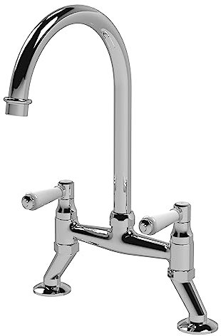 Nuie KB317 ǀ Traditional Kitchen Bridge Sink Mixer Tap with Lever Handles, 385mm x 210mm, Chrome, Silver