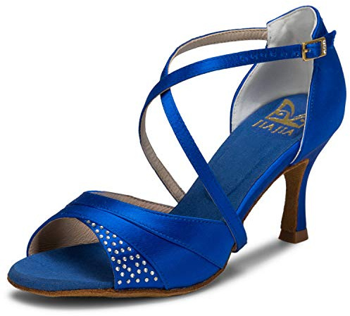 JIA JIA 20522 Latino Sandali da Donna Tacco Svasato da 2.7 Super Satin Scarpe da Ballo Colore Blue, Taglia 37 EU