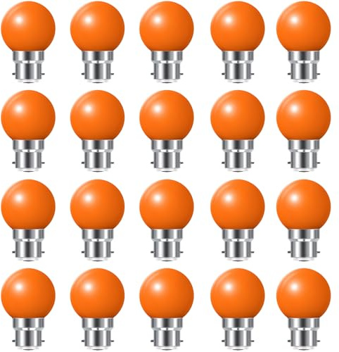 Coloured B22 Bayonet LED Small Golf Ball Bulbs,Fulighture Energy Saving Light Bulbs,2W=20W,for Outdoor Garden Patio,Halloween,Christmas Tree,Fairy Party Night Lights,20 Pack (Orange)