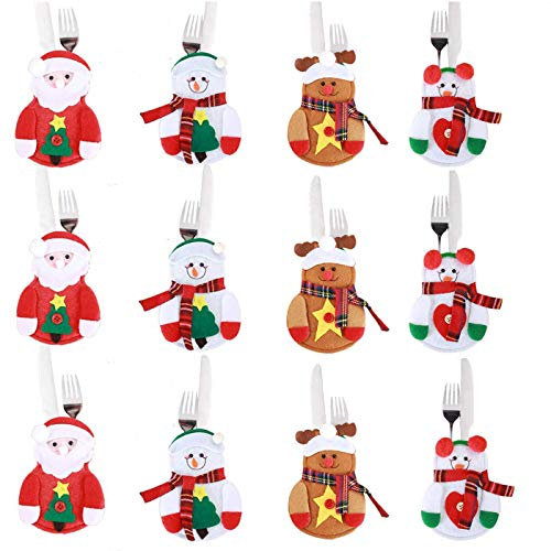 Annhao Portaposate Natalizie, 12 Pezzi Set Portaposate Natalizie da Babbo Natale Tasche Posate per Forchetta Cucchiaio Decorazione della Tavolo di Natale, 4 Stili