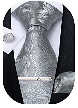 DiBanGu Herren Krawatte Taschentuch Seide Paisley Floral Krawatte Pocket Square Manschettenknöpfe Krawatte Clip Set, Silbergrau, One size