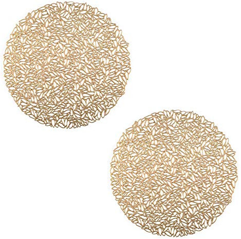 2 Stück Runde Tischsets, Golden rundes Anti-Verbrühungs-Tischset, Runde Gebrochenes Blattmuster PVC Tischset, für Teller Topflappen, Tischdekoration (Golden)