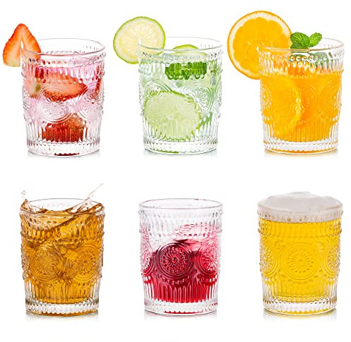Glasseam Bicchieri da Acqua da Bere 300 Ml Bicchieri Vintage in Vetro Set di 6 Bicchieri Alti per Succo di Frutta, tè, caffè per Feste, Bar