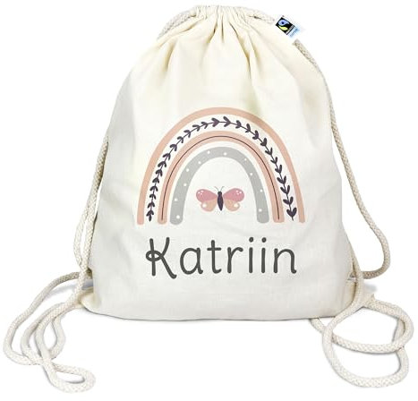 Bio Turnbeutel mit Namen personalisiert & Bedruckt | Motiv Regenbogen | Stoffbeutel Schuhbeutel Sportbeutel Wäschebeutel Rucksack für Kinder Jungen & Mädchen | inkl. NAMENSDRUCK
