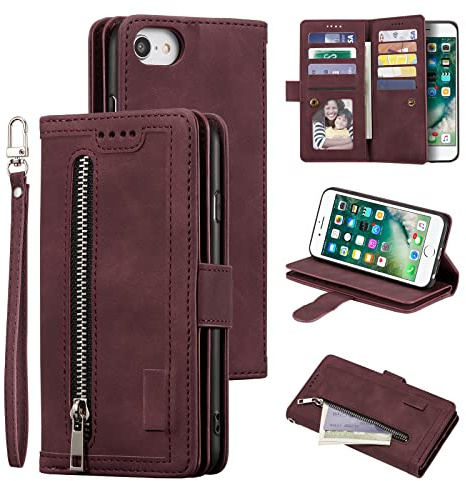 UEEBAI Wallet Case for iPhone SE 2022 5G/iPhone 7/iPhone 8/iPhone SE 2020, 9 Card Holder Slots Zipper Pocket Handbag Case PU Leather Magnetic Kickstand Wrist Strap Flip Case for SE3/SE2 - Wine Red