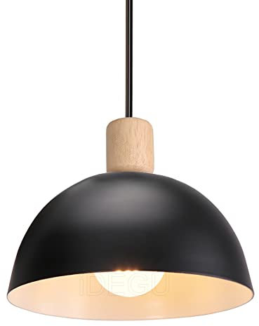 iDEGU Ø20cm Hängelampe Retro E27 LED Hängeleuchte Moderne Skandinavisch Deckenleuchte aus Metall Holz Pendelleuchte für Schlafzimmer Esszimmer Küche Restaurant (Schwarz, 1 Stück)