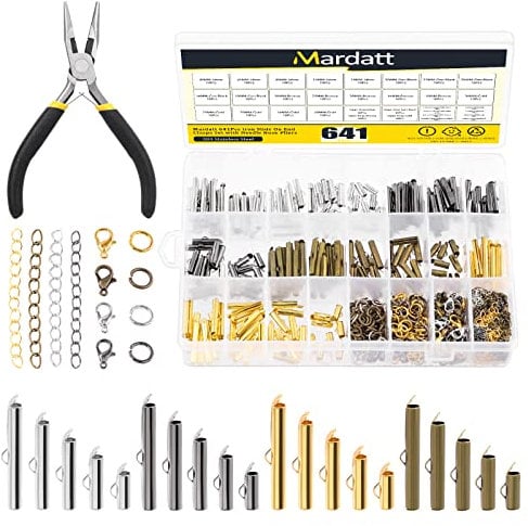 Mardatt 641 Pcs 4 Colors 10/16/20/25/30mm Slide on End Clasps Assortment Kit with Extender Chains, Jump Rings, Lobster Claw Clasps and Jewelry Pliers for Bookmark Bracelet Choker Necklace