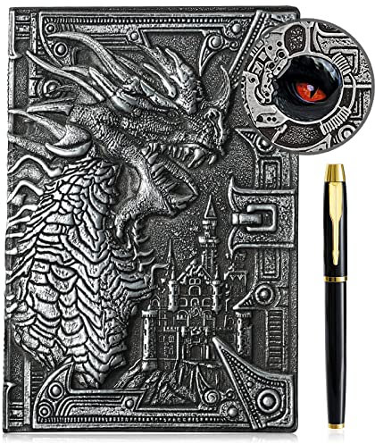3D Dragon Embossed Journal Writing Notebook with Pen Set,Hardcover DND Journal Handmade Daily Notepad Travel Diary,RPG Accessories Gift for Men Women(Silver)