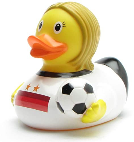 Badeente Fußballerin Deutschland I Quietscheentchen I L: 8,5 cm I inkl. Badeenten-Schlüsselanhänger im Set