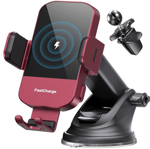 Wireless Car Charger, CHGeek 15W Qi Fast Charging Auto Clamping Car Charger Phone Mount Windshield Air Vent Phone Holder for iPhone 13 12 Mini Pro Max 11 Xs, Samsung Galaxy S22+ S21 S10+ Note 20 - Red