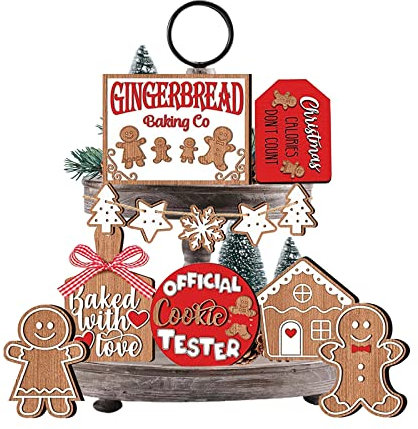 Fotrsta 12-teiliges Weihnachts-Tablett-Deko-Set, rustikale Lebkuchen-Bauernhaus-Wintertisch-Holzschild-Dekorationen, Weihnachtstisch-Themen-Schilder, Urlaubsdekoration, 15 × 10 × 5 cm