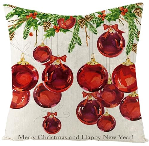 Epinki Kissenbezüge Weihnachten 50x50cm, Weihnachtskugel Motiv Zierkissenbezüge Leinen Weich Bequem, Quadratische Kissenhülle für Autos Wohnzimmer Schlafzimmer Dekor, Weiß Rot