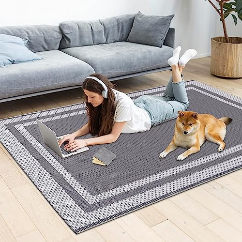 HappyTrends, Outdoor-Teppich, Terrassenteppich, wendbar, tragbar, Kunststoff-Strohteppich, Camping-Teppiche für den Außenbereich, Wohnmobil, groß, wasserdicht, Balkon (1.2x1.8 m, weiß und grau)