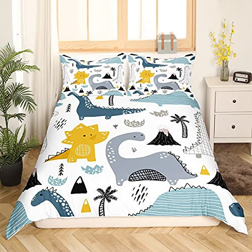 Loussiesd Dinosaurier Bettwäsche 155x220cm Kinder Dino Bettwäsche Set Jugendliche Jungen Mädchen Kawaii Niedlicher Karikatur Tieres Muster Bettbezug Geometrisches Dinos Dekor Bettwäsche-Set Weich