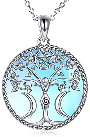 Moonstone Tree of Life Necklace Sterling Silver Pentagram Pentacle Triple Moon Goddess Pendant Necklace Pagan Wiccan Magic Amulet Jewellery for Women Men (M-Moonstone Triple Moon Goddess Necklace)
