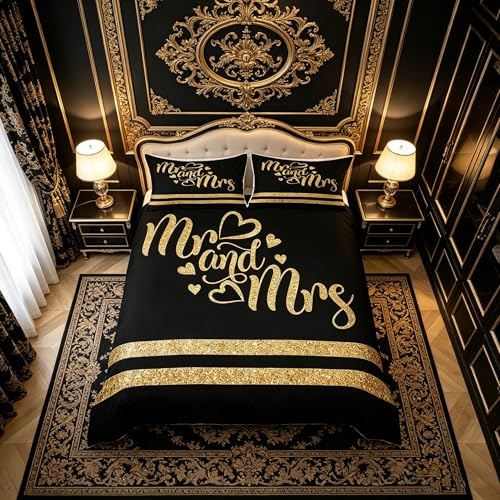 Manfei Mr and Mrs Duvet Cover Set King Size, Gold Glitter Comforter Cover with 2 Pillowcases, Sparkling Hearts Stripes Bedding Set 3pcs for Lovers Couples Adults Room Decor Romantic Bedspread Cover