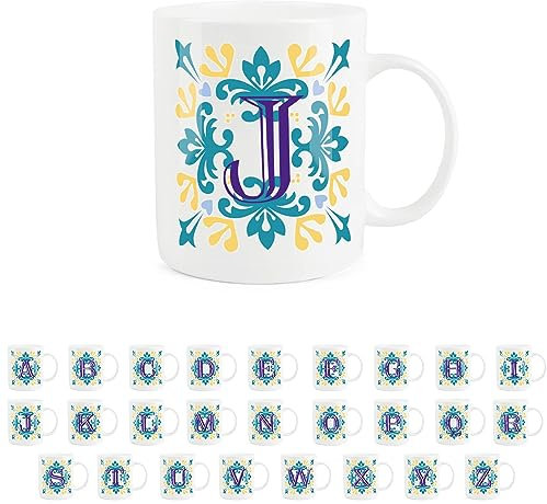 Purely Home Moroccan Tile Yellow & Blue Letter J Mug - White Initial Personalised Alphabet Tea Coffee Bone China Mug