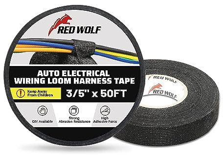 RED WOLF 15mm x 15m Wire Loom Harness Cloth Tape Electric Self-Adhesive Fabric Tape High Temp for Automobile Electrical Harness Wrap Noise Damping Protection Insulation Cable Fixed 2 Rolls Black