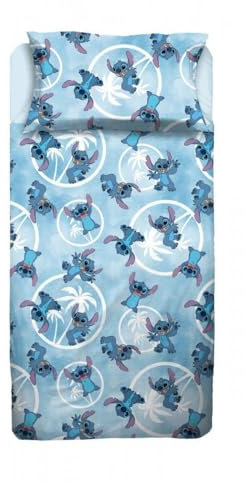 Disney Stich Blu Bettwäsche-Set für Einzelbett, aus Flanell aus Reiner Baumwolle, Bettbezug + Spannbettlaken + Kissenbezug