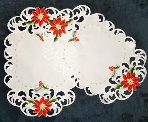 Aude Home Deckchen 30x45 oval Bestickt rote Weihnachtsblumen 2er Packung (30x45ov)