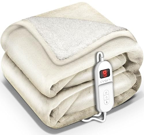 sinnlein® Couverture chauffante avec arrêt automatique, certifiée TÜV SÜD GS | Couverture électrique avec 9 niveaux de température | Couverture douillette lavable, 200x180cm, Beige