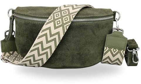BRISE Bauchtasche Damen Echtes Wildleder SAHEL Handgemachte Umhängetasche Crossbody Bag Hüfttasche mit Ledergurt + Optionalen Breiten Gemusterten Riemen Gürteltasche Made in Italy (Khaki 2)