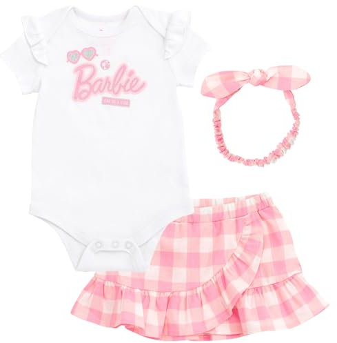 Barbie Ensemble 3 pièces pour bébé fille avec jupe à volants et bandeau à nœud, Rose/blanc, 18 mois