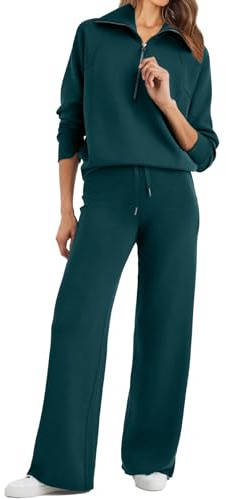 Glamaker Womens 2 Piece Outfits Sweatsuit Set Oversized Half Zip Sweatshirt Wide Leg Sweatpants Lounge Set Tracksuit, Dark Green, XL