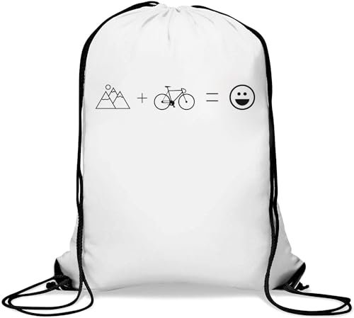 Mountains Plus Bike Equals Happiness Gym Sack Casual Drawstring Bag White, weiß, Einheitsgröße