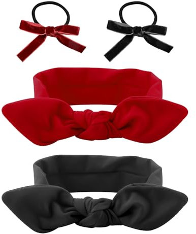 2 Stück Stirnbänder, 2 Haargummis, Damen-Haarbänder, Rote Schleifen-Stirnbänder, Retro-Stirnbänder, Haar-Accessoires, Geeignet Für Sport, Yoga, Gesichtswasch-Stirnbänder (Rot, Schwarz)