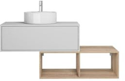 Vente-unique-Mueble de baño Flotante con Lavabo Redondo - 1 cajón Blanco y 2 estantes claros Naturales - 94 cm - TEANA II
