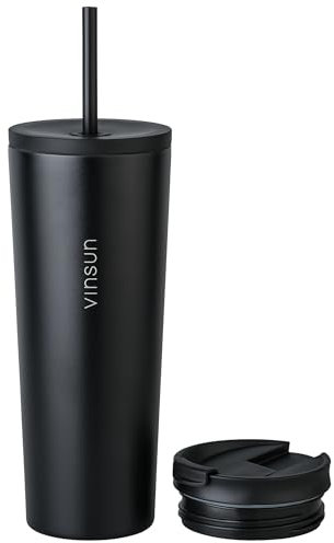 VINSUN Mug Isotherme avec Paille et Couvercle 720ml - Acier Inoxydable, Anti-Fuite, Double Paroi, Boissons Chaudes et Froides - Tasse Isotherme pour Voyage, Voiture, Uni