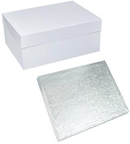 LARRYROO Oblong Cake Box & Drum Combo Set, 6 Inches High White Rectangle Container For Cake, Tray Bake & Cupcake Display (12 x 9)