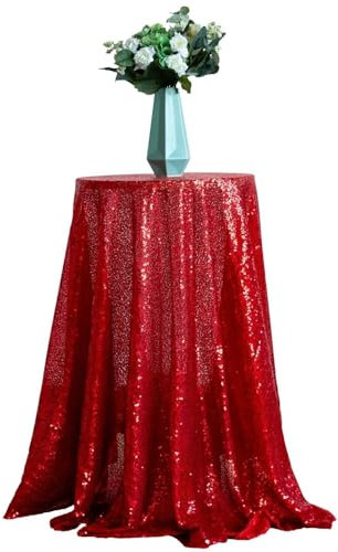 Homxi Rundes Tischtuch 335CM,Tischtuch Stehtisch Rot Einfarbig mit Pailletten Polyester Tischdecke für Draußen
