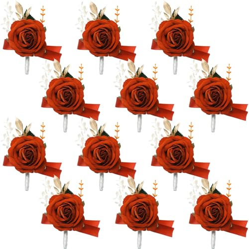 Sherr 12 Stück Rosen-Boutonniere für Herren, Hochzeits-Ansteckblume für Bräutigam und Trauzeugen, Boutonniere mit künstlicher Blume für rustikale Vintage-Hochzeitszeremonie, Jahrestag, Abendessen,