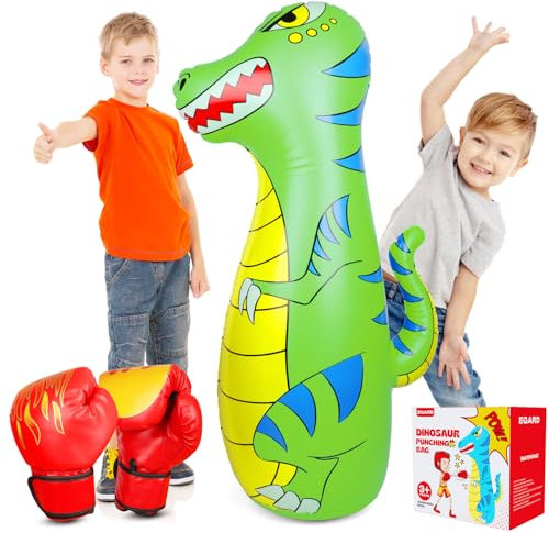EQARD Sac de Frappe Enfant 120cm Gonflable Dinosaure Sac de Boxe avec Matériau plus Épais et Sûr Rebond Instantané avec Gants de Boxe Karaté Taekwondo Cadeau pour Enfants 3-9 Ans Filles Garçons (Vert)