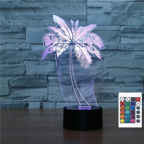 FLRXHK Luce notturna a forma di palma di cocco con illusione 3D, lampada da tavolo con telecomando, 16 colori, luce notturna a LED USB ottica per bambini, decorazione per la stanza dei bambini
