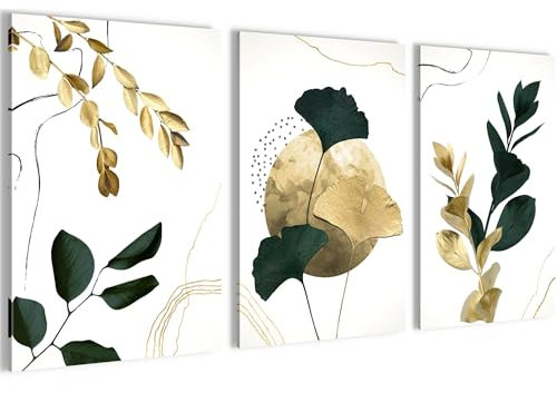 Novart Bilder Set Goldene Blätter - Kein Extra Rahmen benötigt - Wandbilder für Wohnzimmer Schlafzimmer Flur - 3 Teilig Deko Gelb Frün - N033136a
