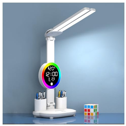 Kinder schreibtischlampe akku kabellos mit Uhr, LED Dimmbare 3200mAh Batterie schreibtischleuchte Stifthalter/LCD Display/Kalender/Temperatur, 3 Lichtfarben Bürolampe für Mädchen Jungen, Weiss 3200mAh