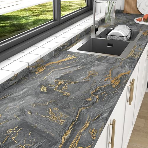 HotDecor Dark Grey and Gold Marble Wallpaper Kitchen Counter Vinyl Wrap Sticky Back Plastic Roll Grey Marble Effect Self Adhesive Vinyl Wrap for Kitchen Worktop Furniture Contact Paper 40cm x 200cm