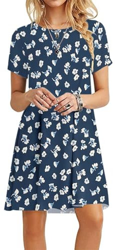 MOLERANI Summer Dresses for Women UK Round Neck Casual T-Shirt Dress Short Sleeve Ladies Beach Dress Floral Navy L