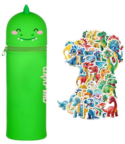 QRKPVHD Kawaii Federmäppchen Dino- 2-in-1 Weiche Silikontasche -mäppchen, Stand Up Federmäppchen, Tier Stifthalter, Stifthalter Bleistifttasche Mädchen Junge